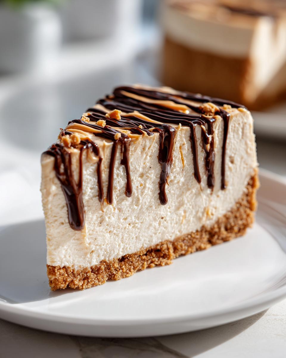 A decadent slice of no bake peanut butter pie featuring a graham cracker crust, creamy filling, and chocolate drizzle.