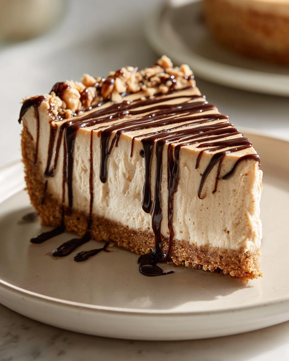 A decadent slice of no bake peanut butter pie on a plate, topped with chocolate syrup drizzle and chopped peanuts.