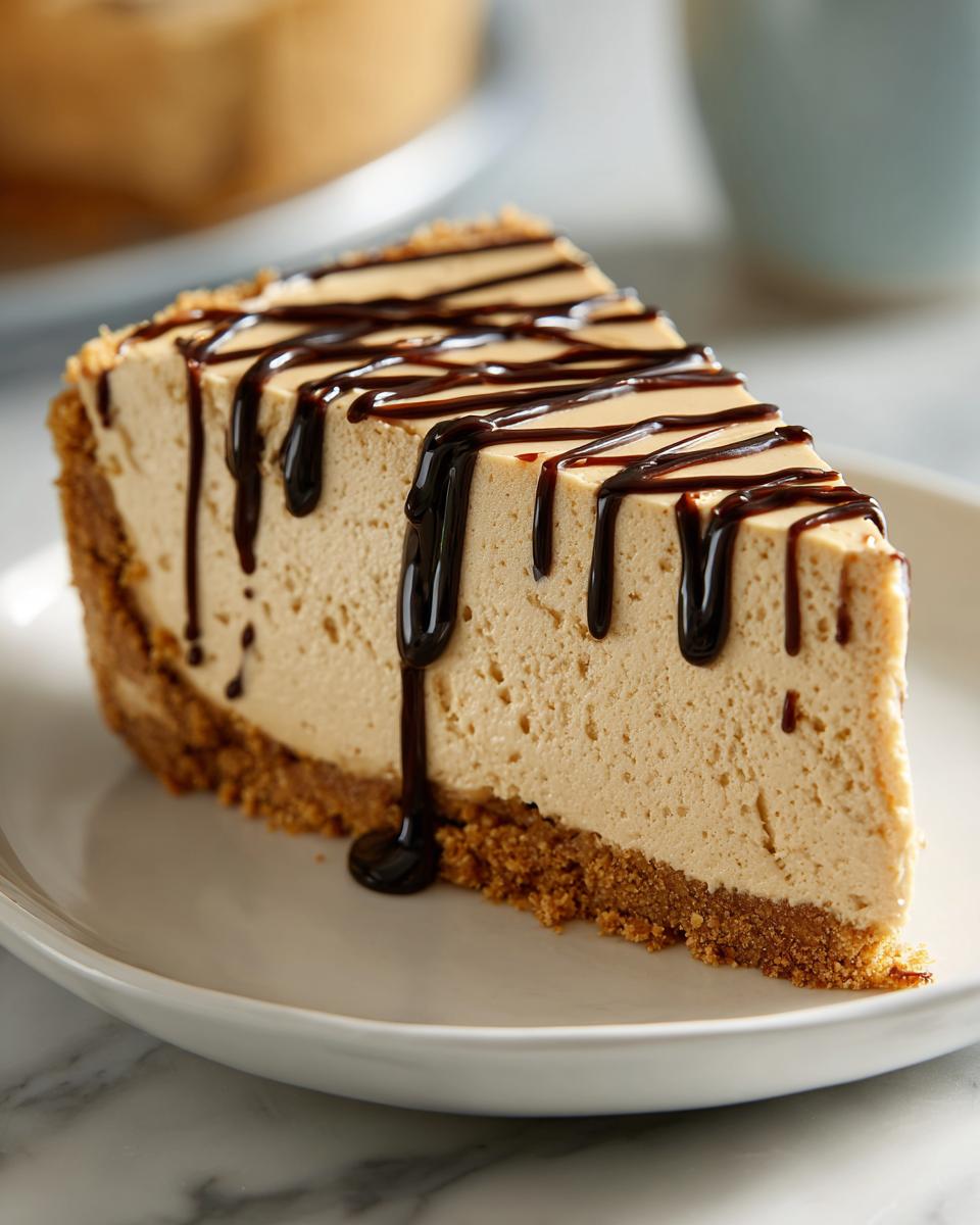A decadent slice of no bake peanut butter pie featuring a thick graham cracker crust and creamy filling topped with dark chocolate syrup drizzle.