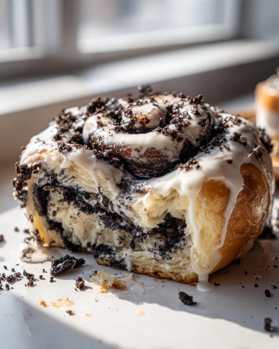A close-up, partially eaten Oreo cinnamon rolls covered in white icing and crushed cookie pieces.