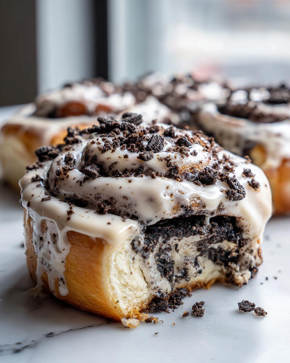 A close-up of a delicious oreo cinnamon rolls, drizzled with white frosting and topped with crushed Oreo pieces.