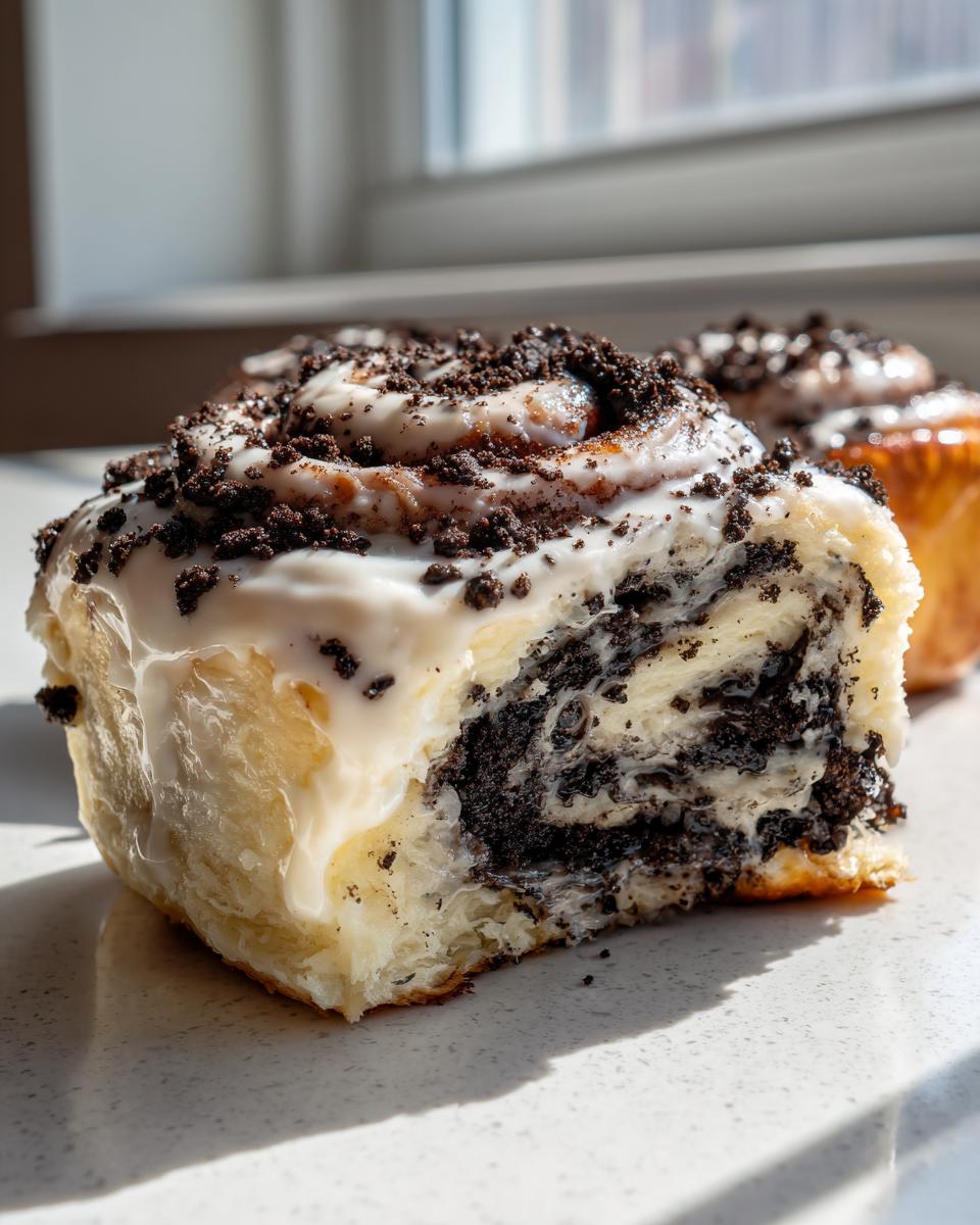 A close-up of a soft, gooey oreo cinnamon rolls slice showing the dark filling and thick white frosting topped with cookie crumbs.