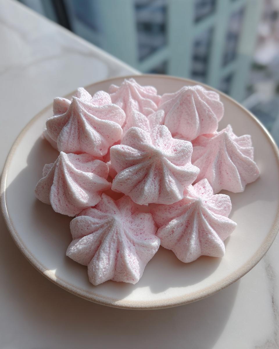 A plate of light pink, star-shaped meringue kisses, which are visually distinct from cream cheese mints.