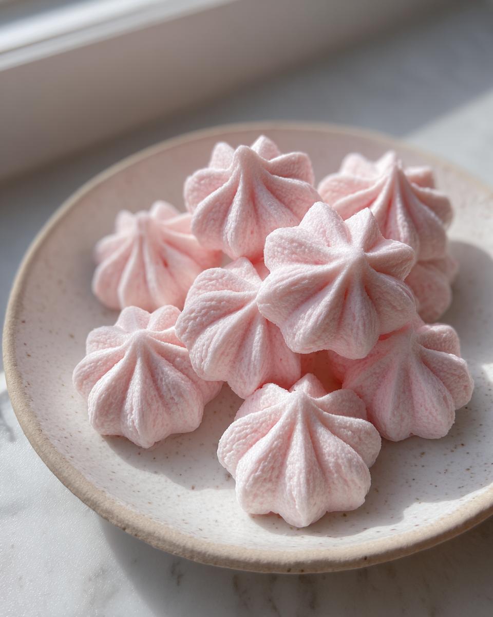 A close-up of several pale pink, star-shaped cream cheese mints piled on a rustic, speckled white plate.