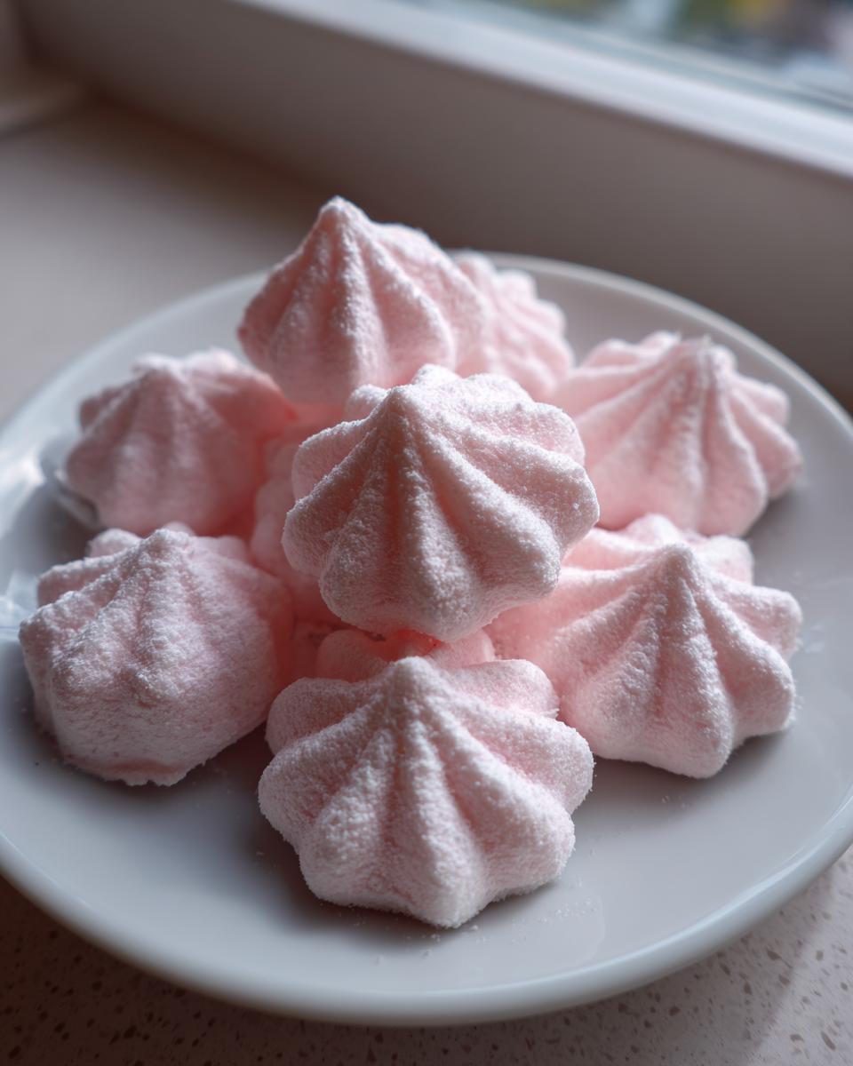 A pile of light pink, star-shaped cream cheese mints dusted with powdered sugar on a white plate.