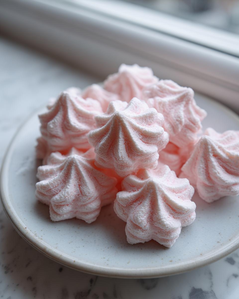 A pile of pale pink, star-shaped cream cheese mints resting on a speckled white plate near a window.