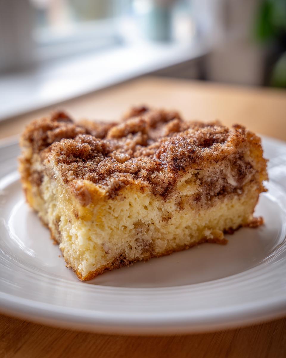 A close-up of a square slice of baked french toast casserole with a thick cinnamon streusel topping.
