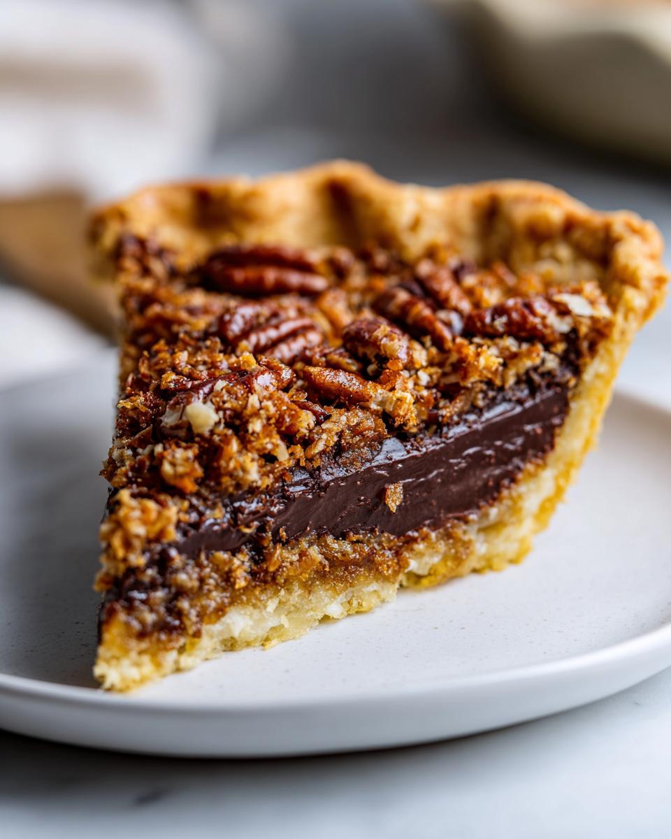 Close-up of a decadent slice of german chocolate pie showing the dark chocolate filling and pecan topping.