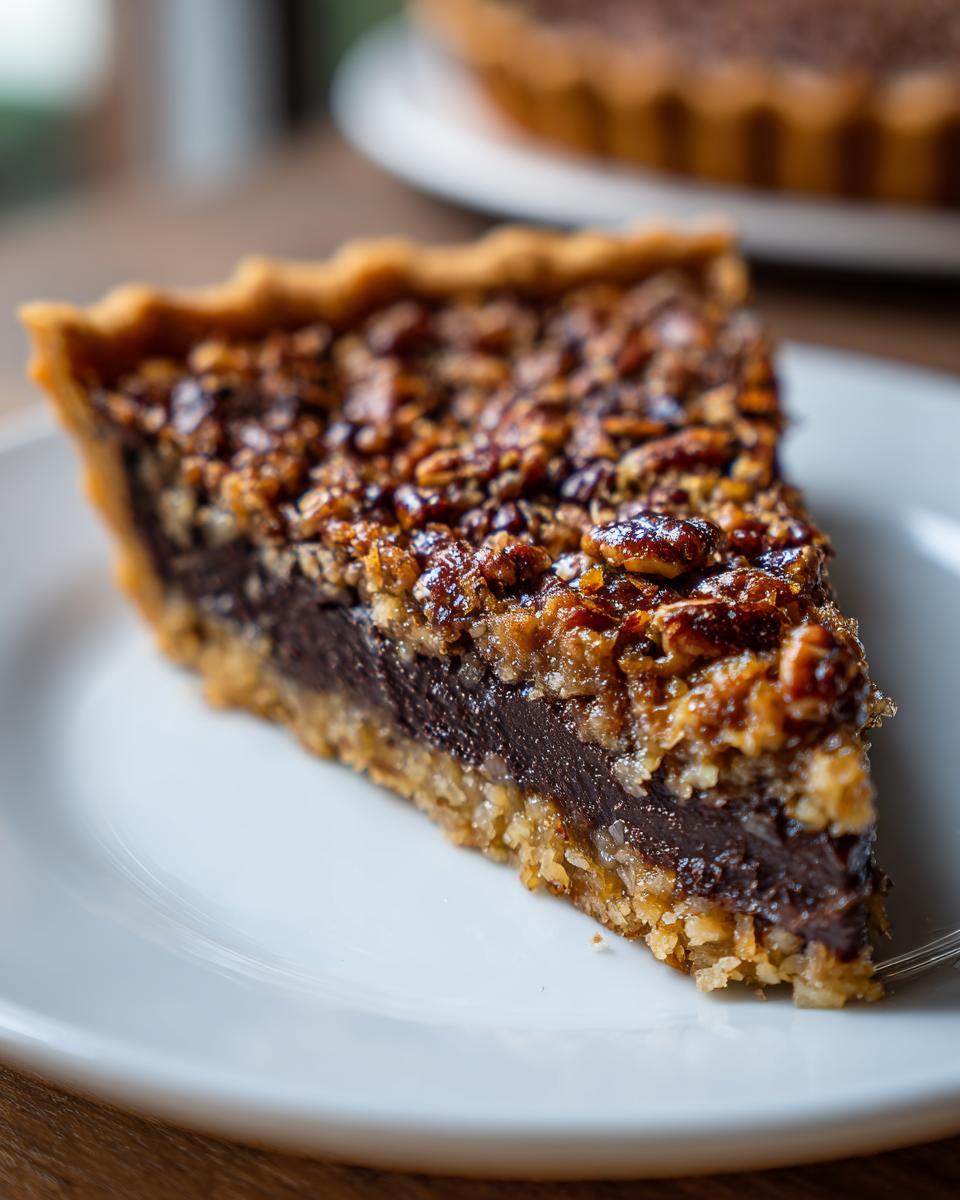 Close-up of a slice of rich german chocolate pie featuring a dark chocolate filling and a thick, gooey pecan topping.