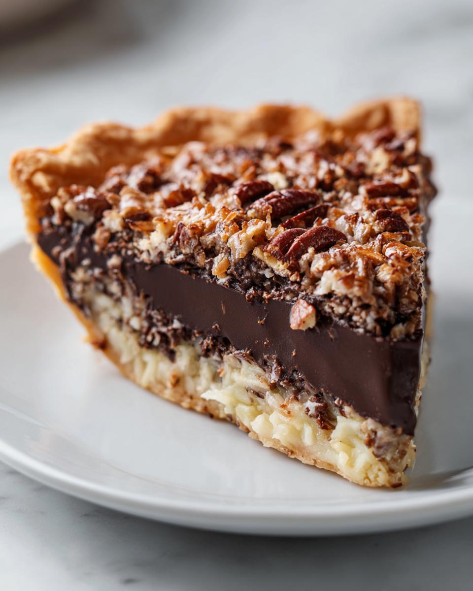 A perfect slice of german chocolate pie showing layers of coconut, dark chocolate filling, and a pecan topping.