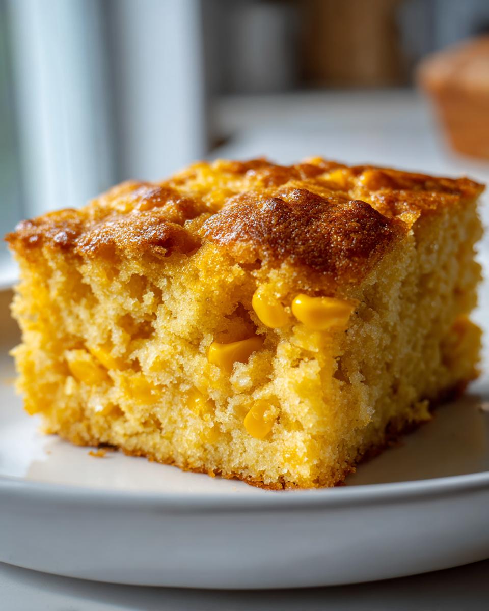 Close-up of a moist, golden slice of jiffy corn casserole studded with whole corn kernels, served on a white plate.