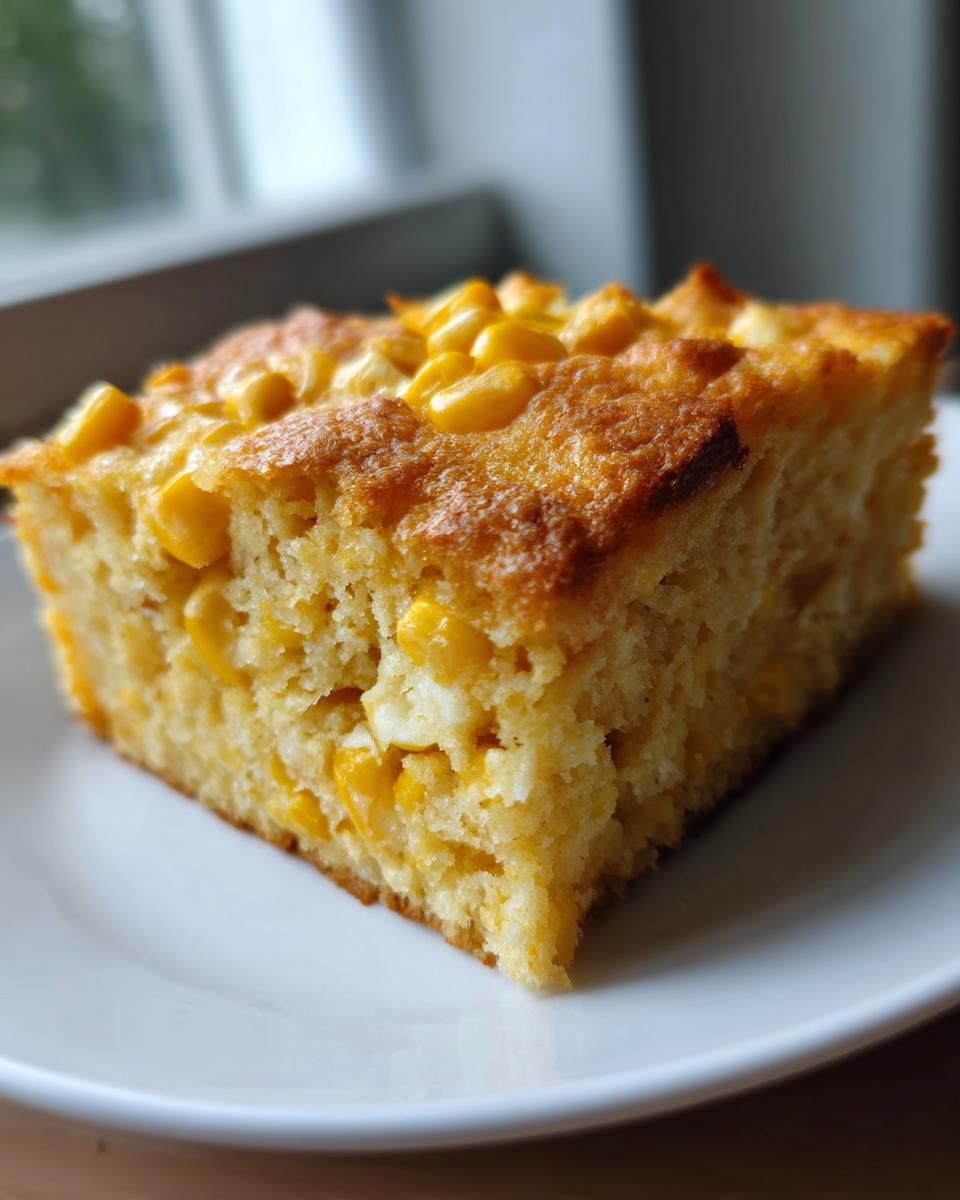 A close-up of a square slice of golden jiffy corn casserole, studded with whole corn kernels, served on a white plate.