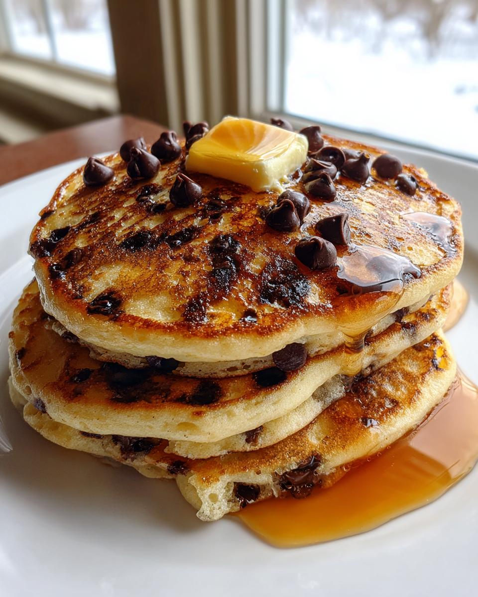 A tall stack of fluffy chocolate chip pancakes topped with melting butter, chocolate chips, and maple syrup.