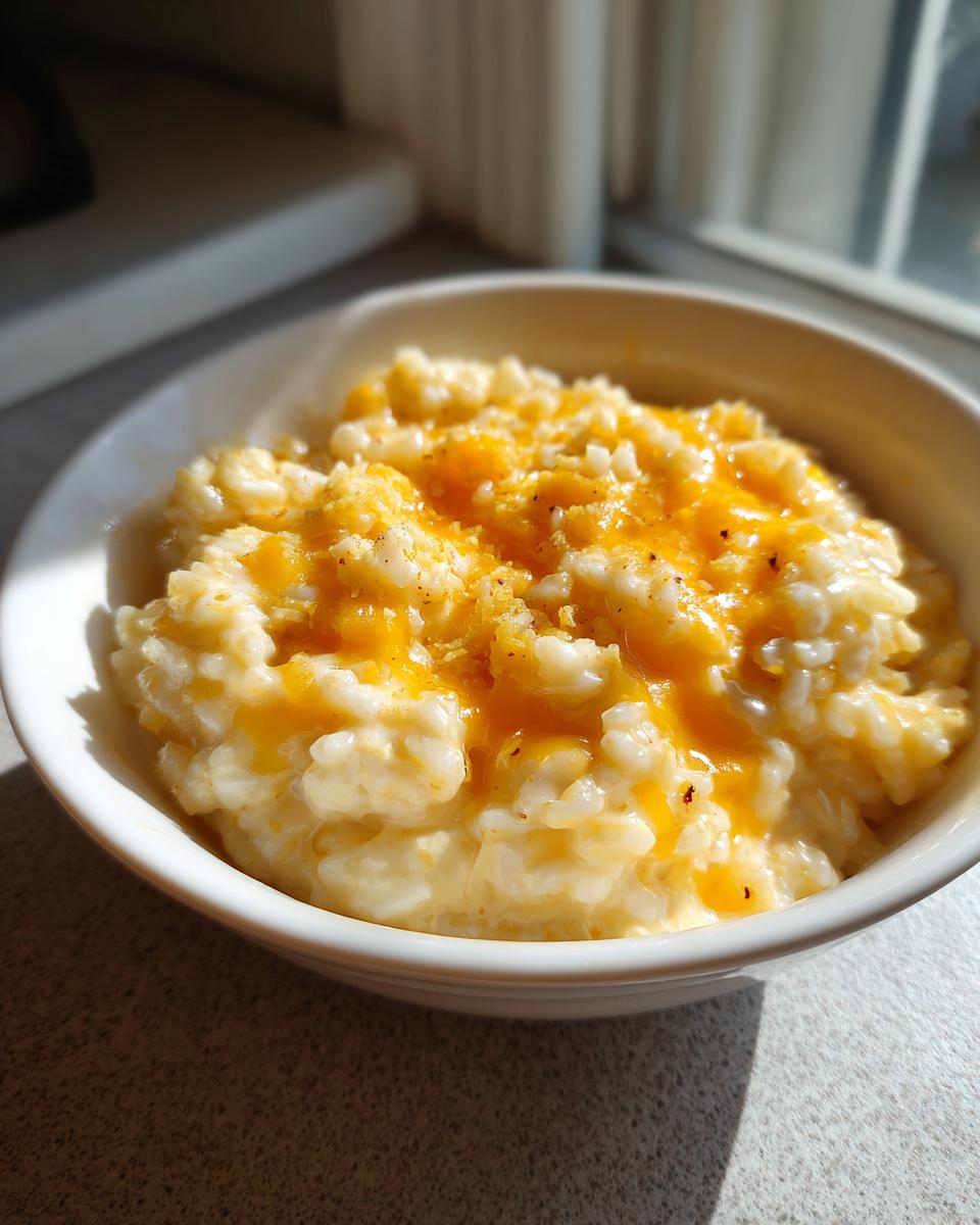 A close-up of a white bowl filled with creamy, stovetop cheesy rice topped with melted orange cheddar cheese.