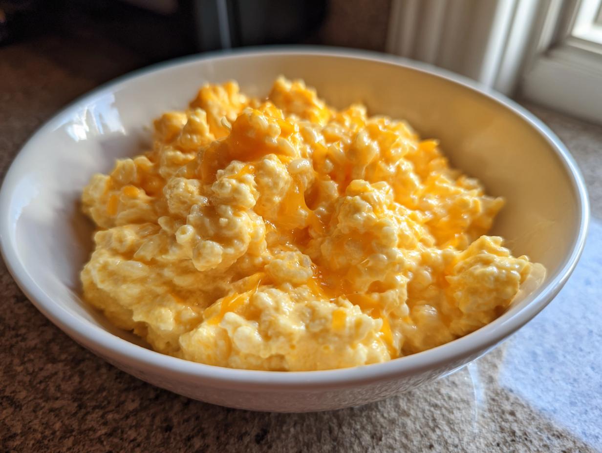 A close-up of a white bowl filled with creamy, yellow stovetop cheesy rice topped with melted orange cheddar cheese.