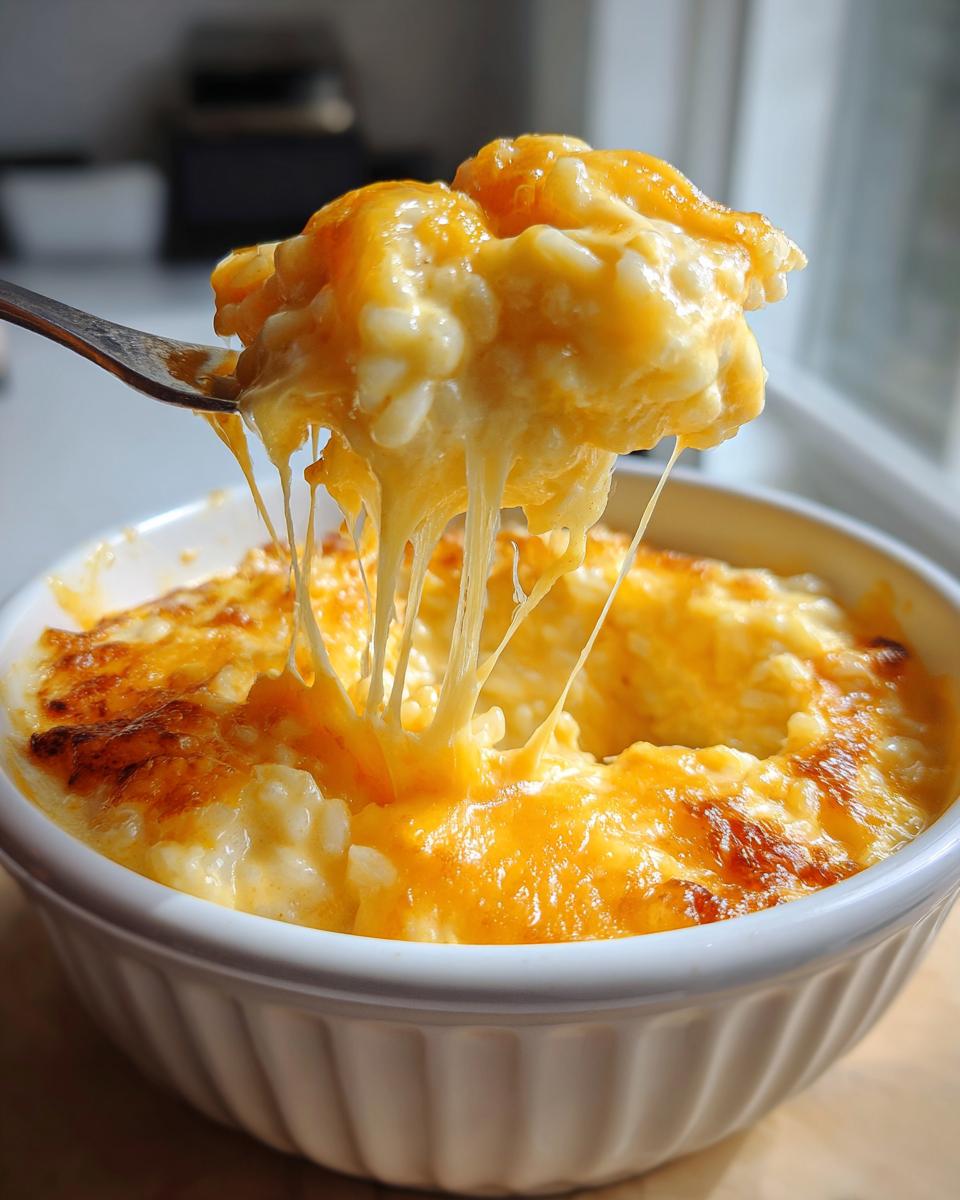 A fork lifts a scoop of creamy, baked cheesy rice, showing long, stretchy cheese pulls.