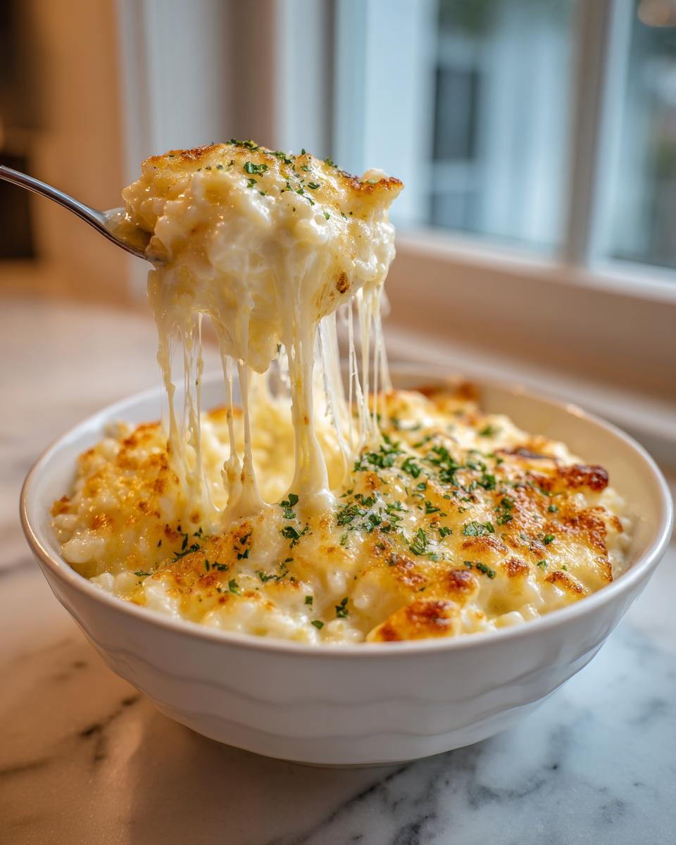 A spoonful of creamy, cheesy rice showing long, dramatic cheese pulls over a bowl of baked cheesy rice.