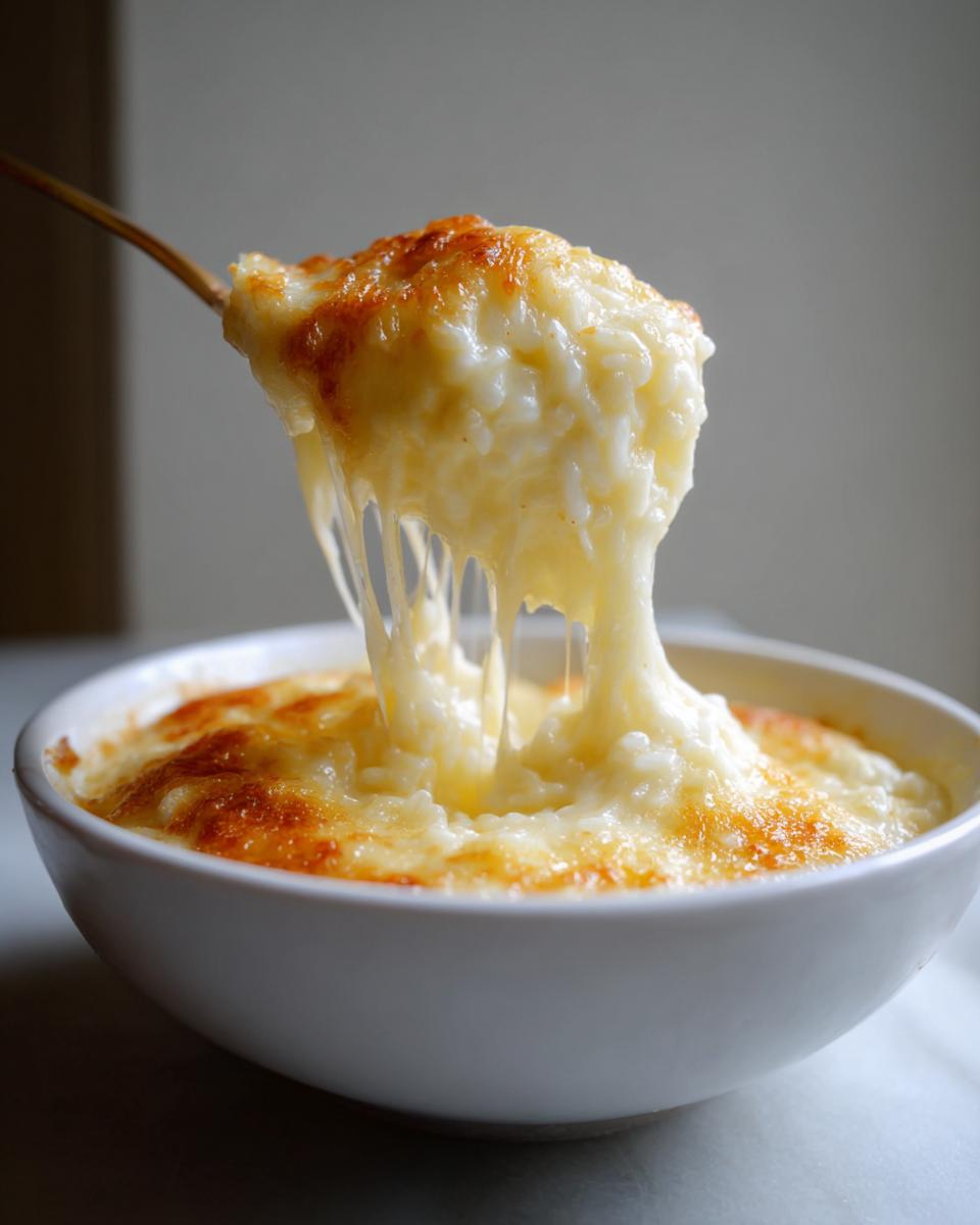 A spoonful of creamy, cheesy rice lifted from a white bowl, showing long, melted cheese pulls of the amazing cheesy rice.