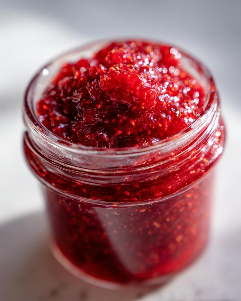 Close-up of a small glass jar filled with bright red, chunky strawberry freezer jam.