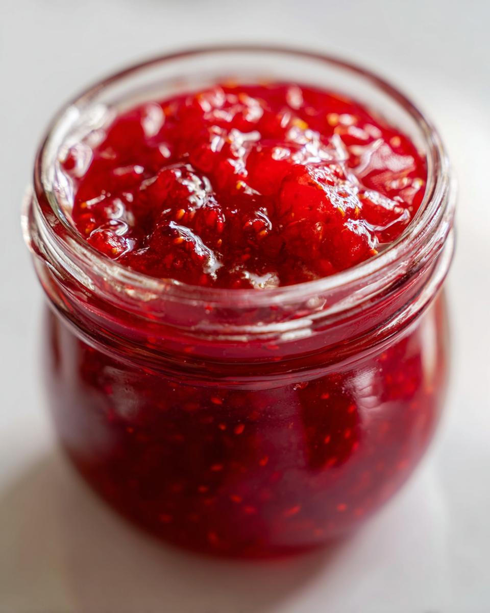 Close-up of a glass jar filled with vibrant, chunky strawberry freezer jam, showing the texture of the fruit.