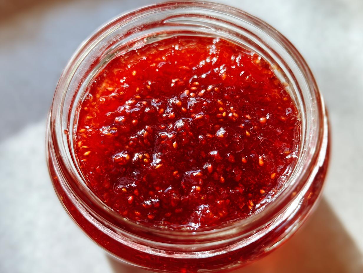 Overhead view of vibrant red strawberry freezer jam filled to the brim in a clear glass jar, showing visible seeds.