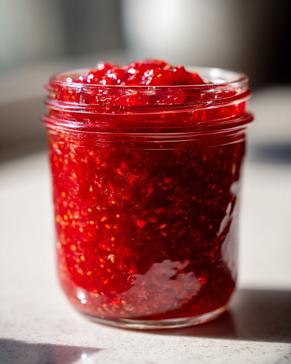 Close-up of a glass jar filled with vibrant, chunky strawberry freezer jam, showing seeds and texture.