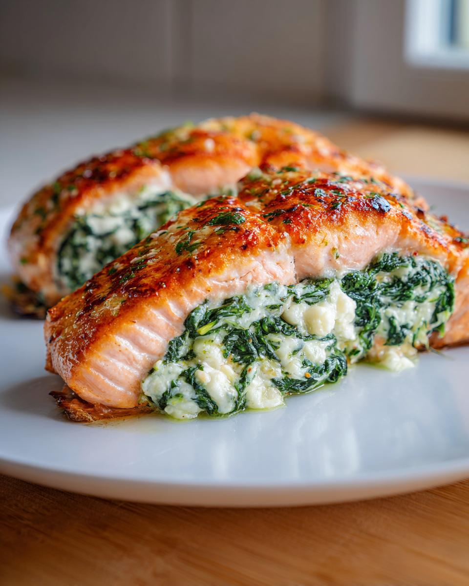 Two beautifully baked stuffed salmon fillets filled with creamy spinach and cheese mixture, served on a white plate.