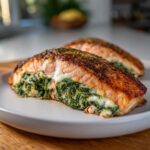 A close-up view of a perfectly cooked stuffed salmon fillet, split open to show the creamy spinach filling inside.