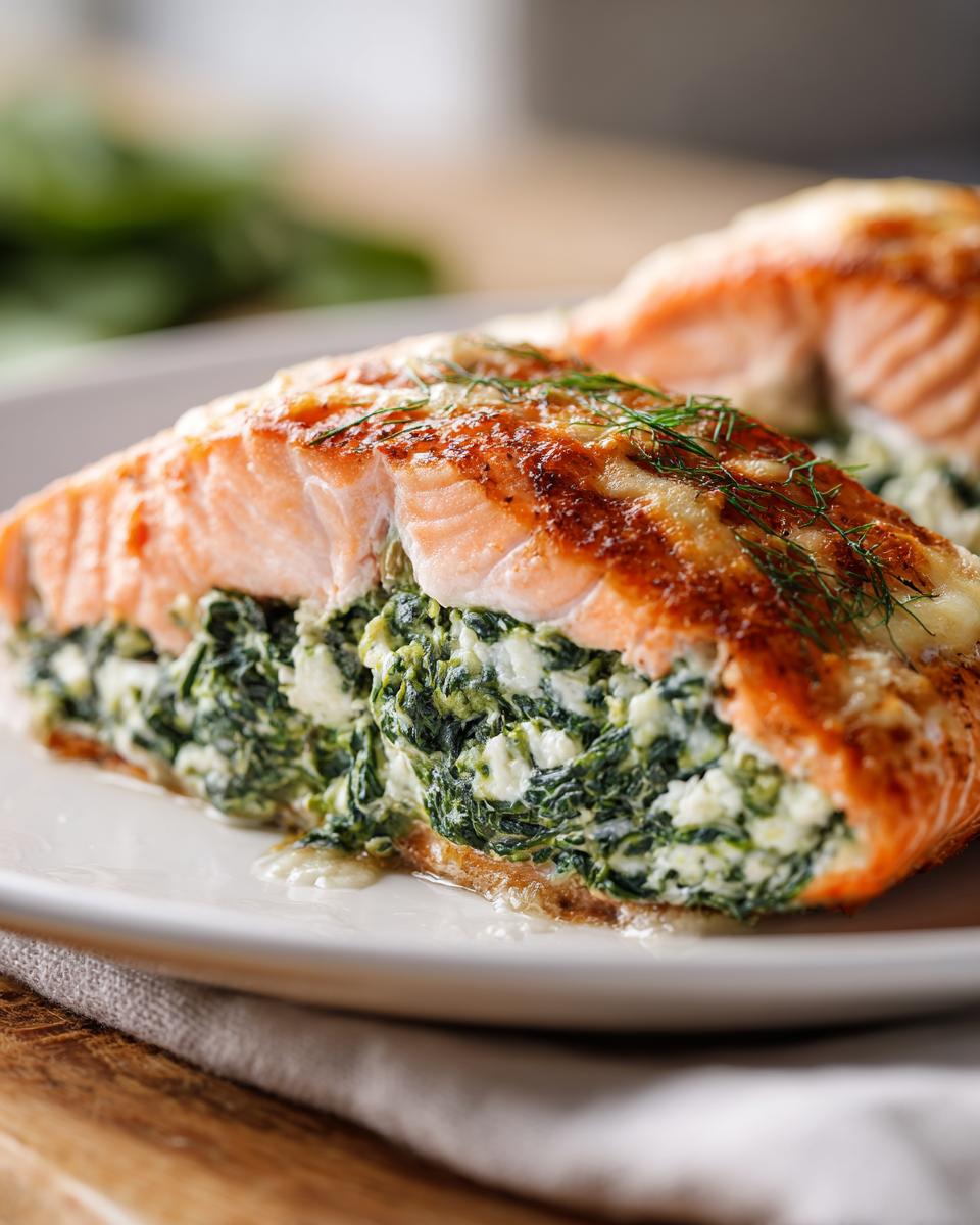 A close-up of baked stuffed salmon, sliced open to show the creamy spinach and cheese filling inside.