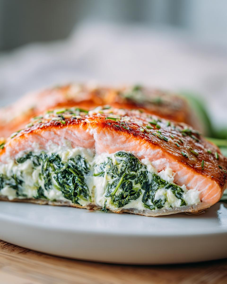 A cross-section view of a perfectly cooked stuffed salmon fillet filled with creamy spinach mixture.