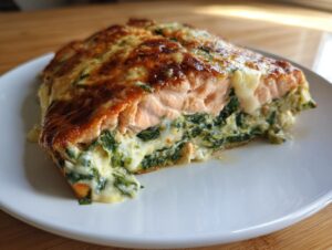 Close-up of a slice of stuffed salmon filled with creamy spinach and topped with melted, browned cheese.