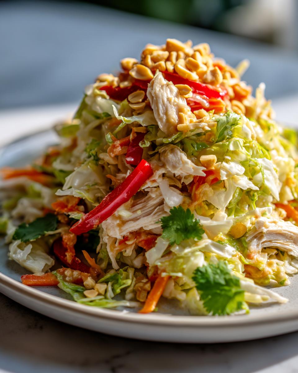 A vibrant mound of fresh thai chicken salad featuring shredded cabbage, carrots, chicken, and topped with crushed peanuts and red chili.