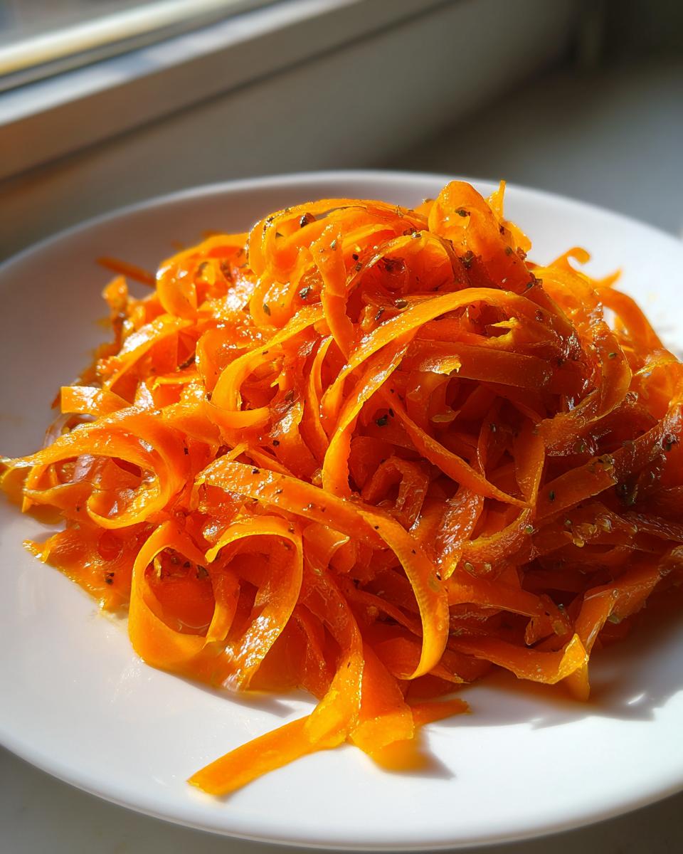 Close-up of bright orange, thinly shaved ribbons in a raw carrot salad, seasoned with dark herbs, served on a white plate.