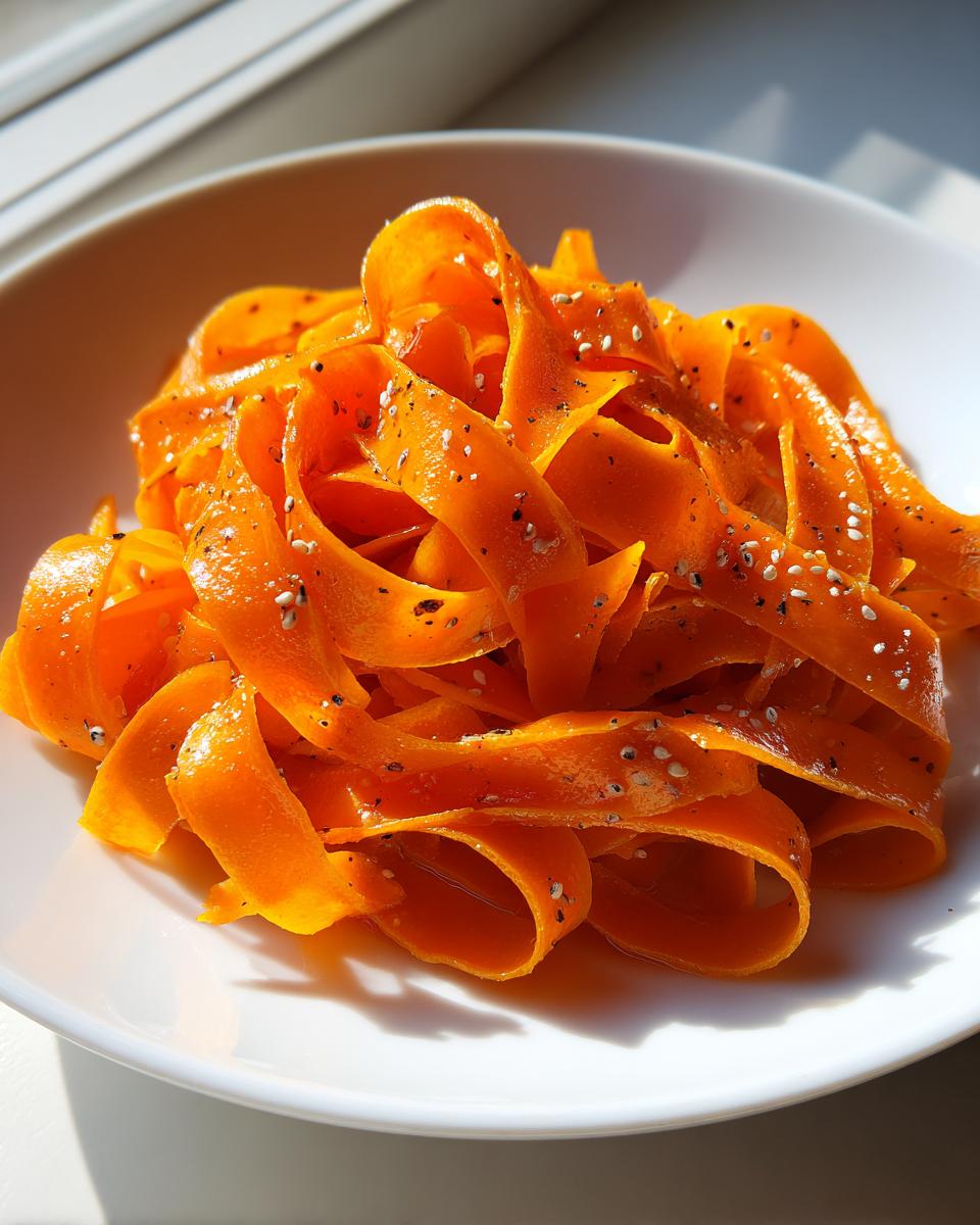 Close-up of bright orange raw carrot salad ribbons seasoned with black pepper and white sesame seeds in a white bowl.