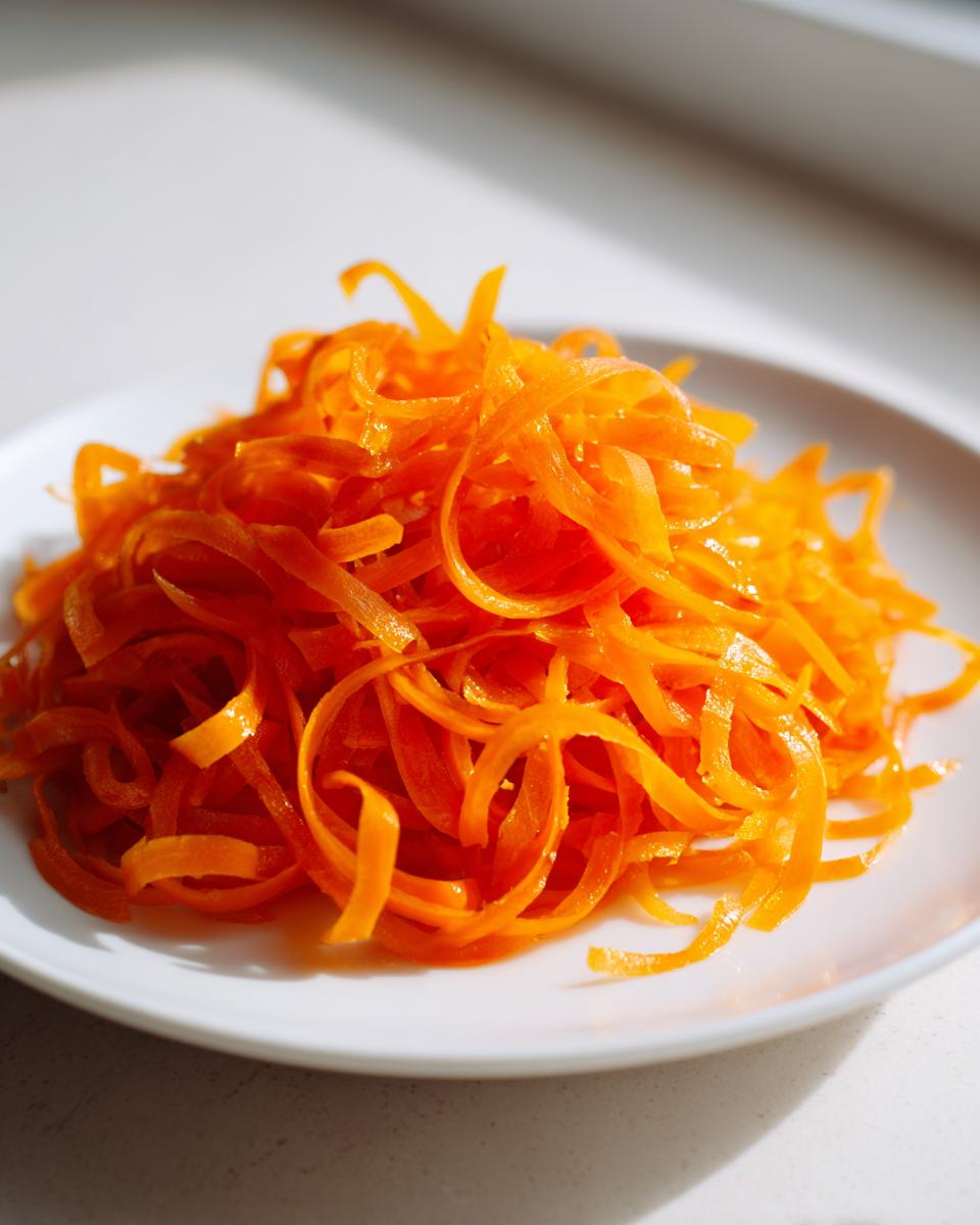 Close-up of bright orange, thinly shaved ribbons making up a fresh raw carrot salad on a white plate.