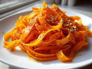 Close-up of vibrant orange ribbons in a raw carrot salad, topped with sesame seeds and spices.