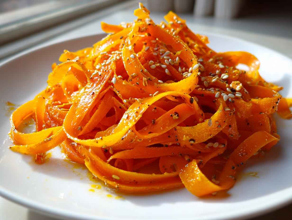 Close-up of vibrant orange ribbons in a raw carrot salad, topped with sesame seeds and spices.