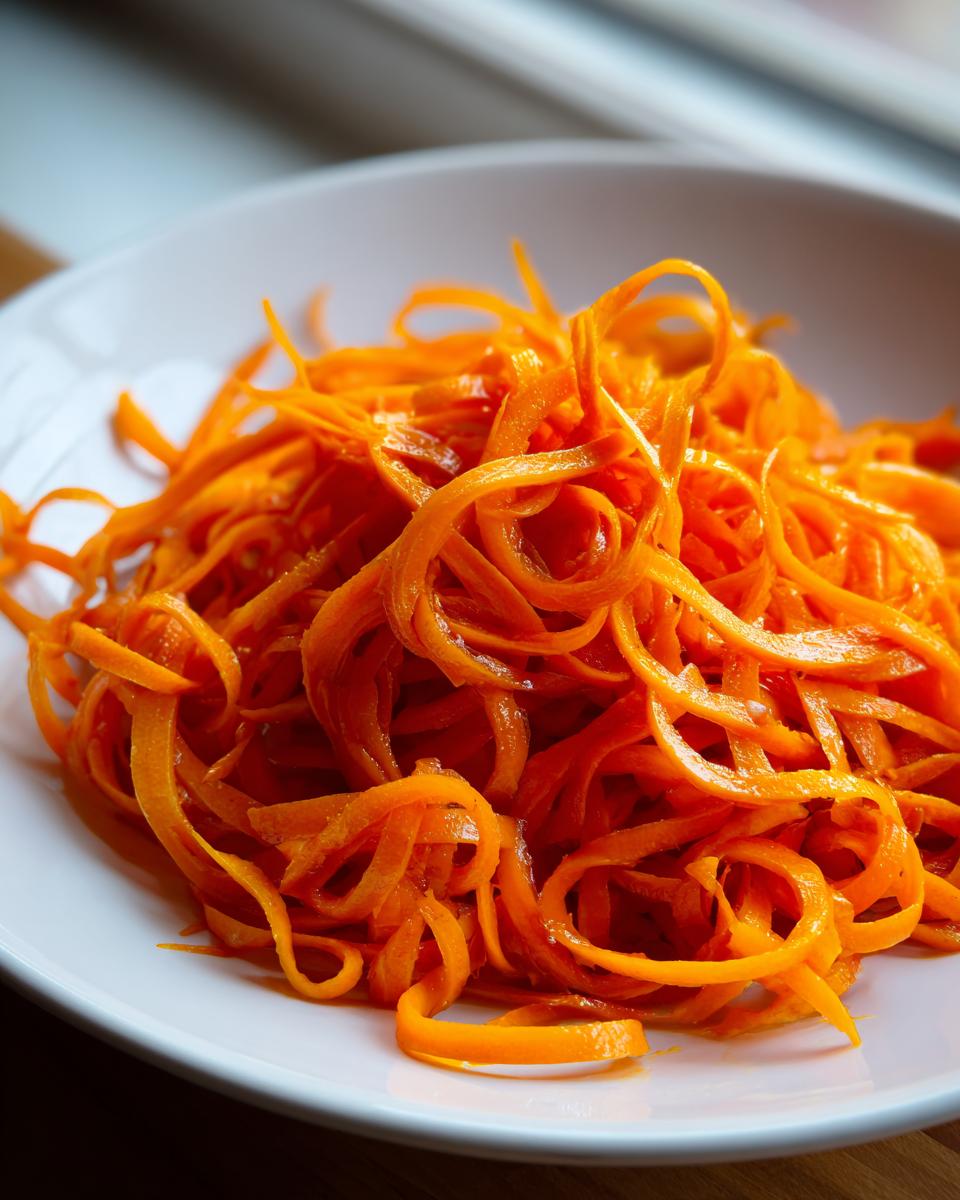 Close-up of bright orange, spiralized ribbons making up a vibrant raw carrot salad in a white bowl.