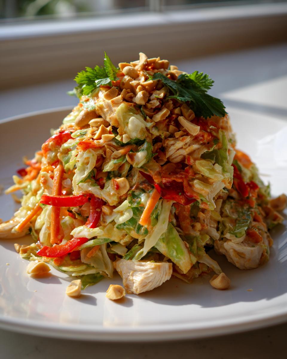 A tall mound of creamy Thai chicken salad featuring shredded cabbage, carrots, red peppers, and topped with crushed peanuts and cilantro.