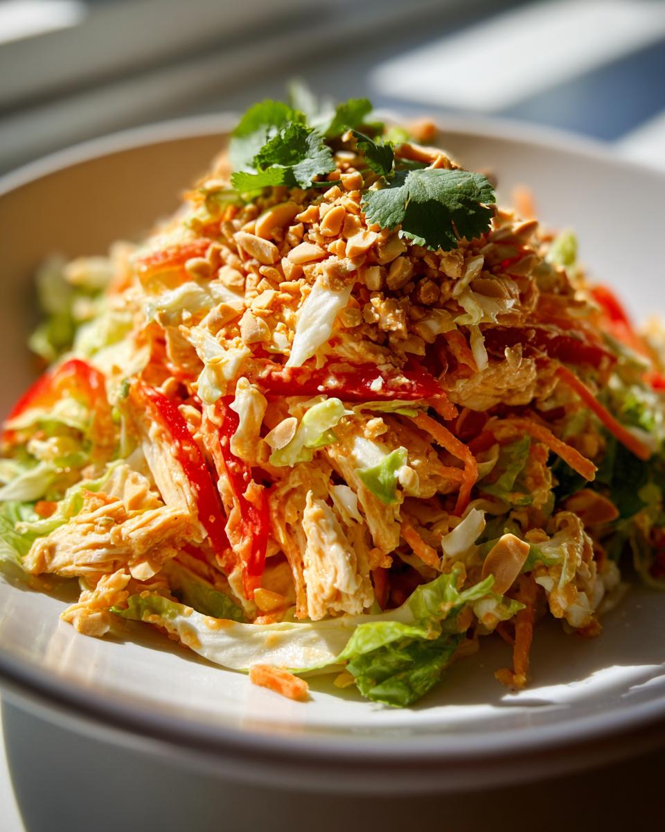 Close-up of a vibrant thai chicken salad featuring shredded chicken, carrots, cabbage, and topped with crushed peanuts and cilantro.
